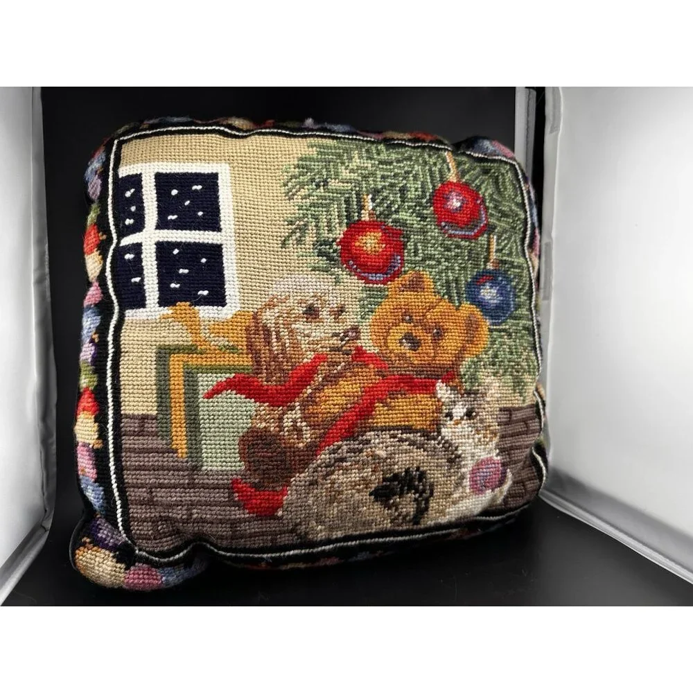 Wool Needlepoint Pillow Christmas Dog Cat Teddy Bears Tree Vintage Complete READ